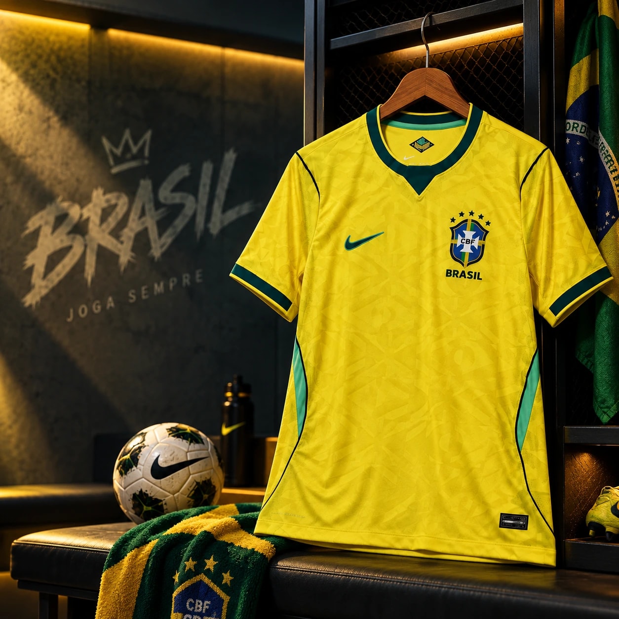 Camisa amarela do Brasil 2026 pendurada no vestiário
