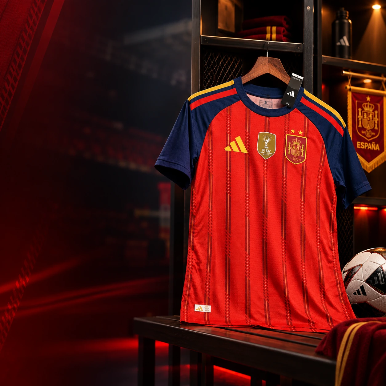 Camisa vermelha da Espanha 2026 pendurada no vestiário